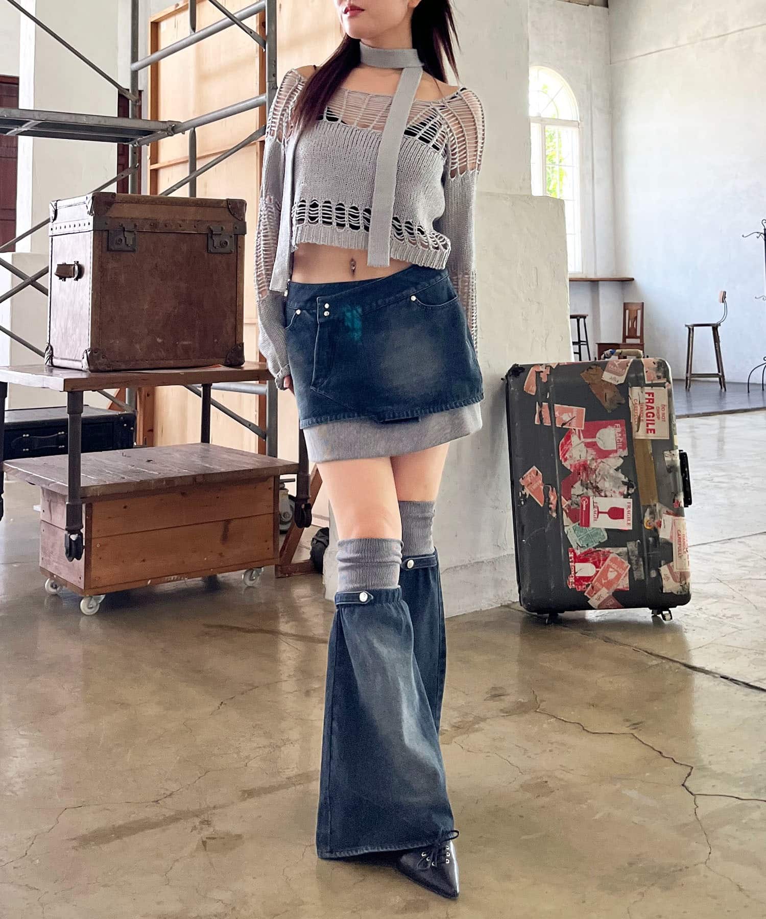 ストール付きかぎ編みショートトップス ホワイト F