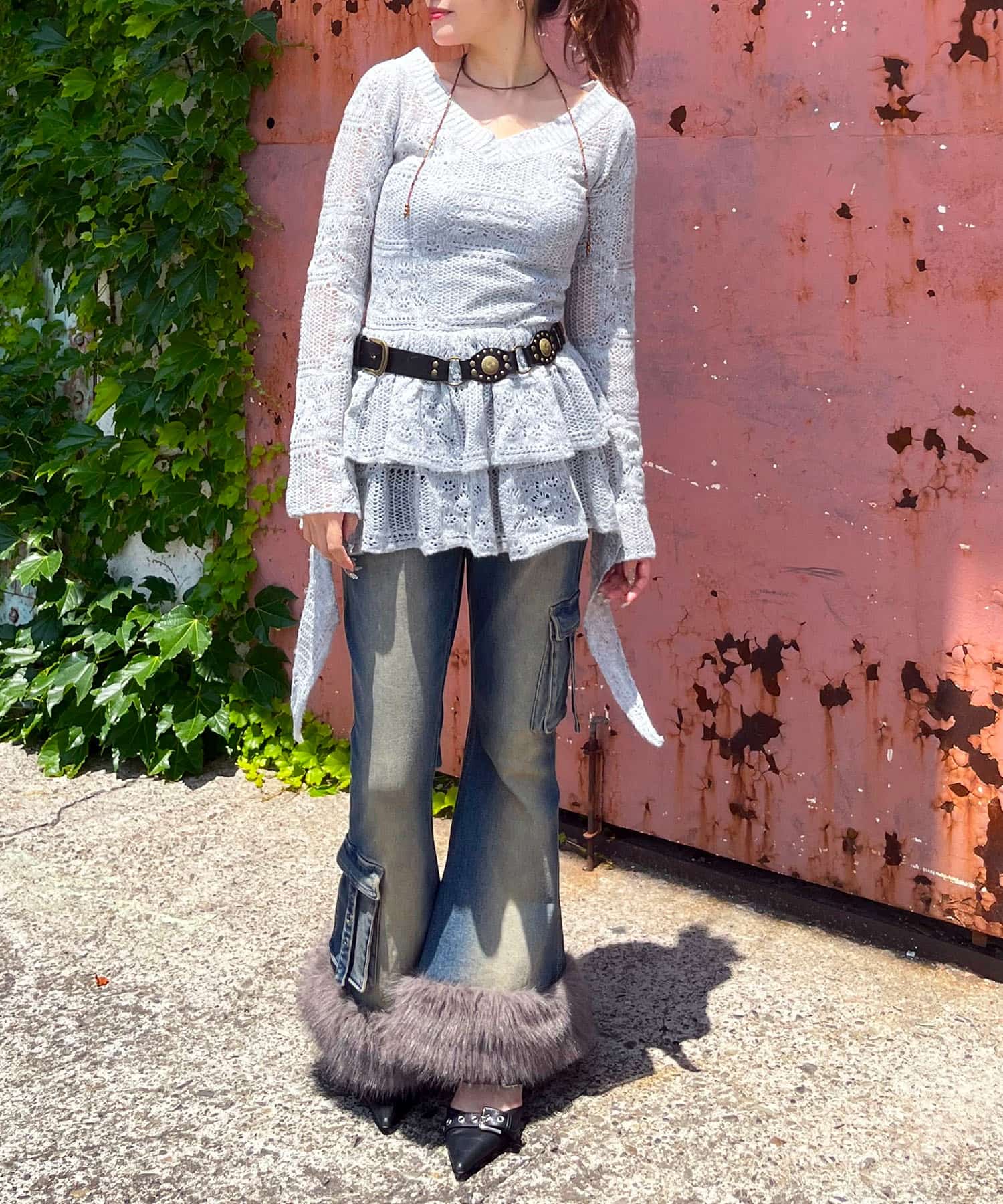 透かし編みティアードニットワンピース グレー F