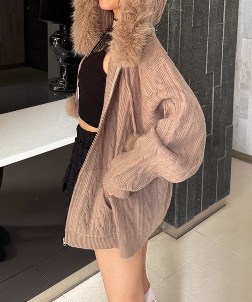 ぽんぽん付きケーブル編みZIPニットパーカーワンピース ブラウン F