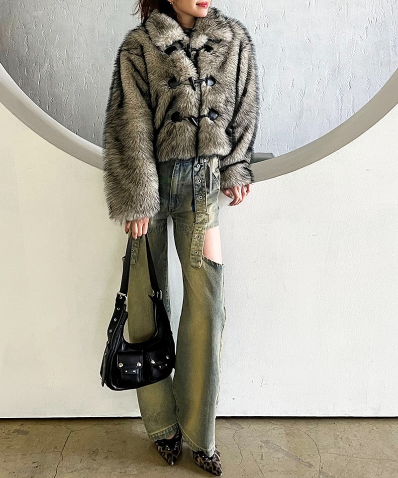 ファーダッフルショートコート グレー F