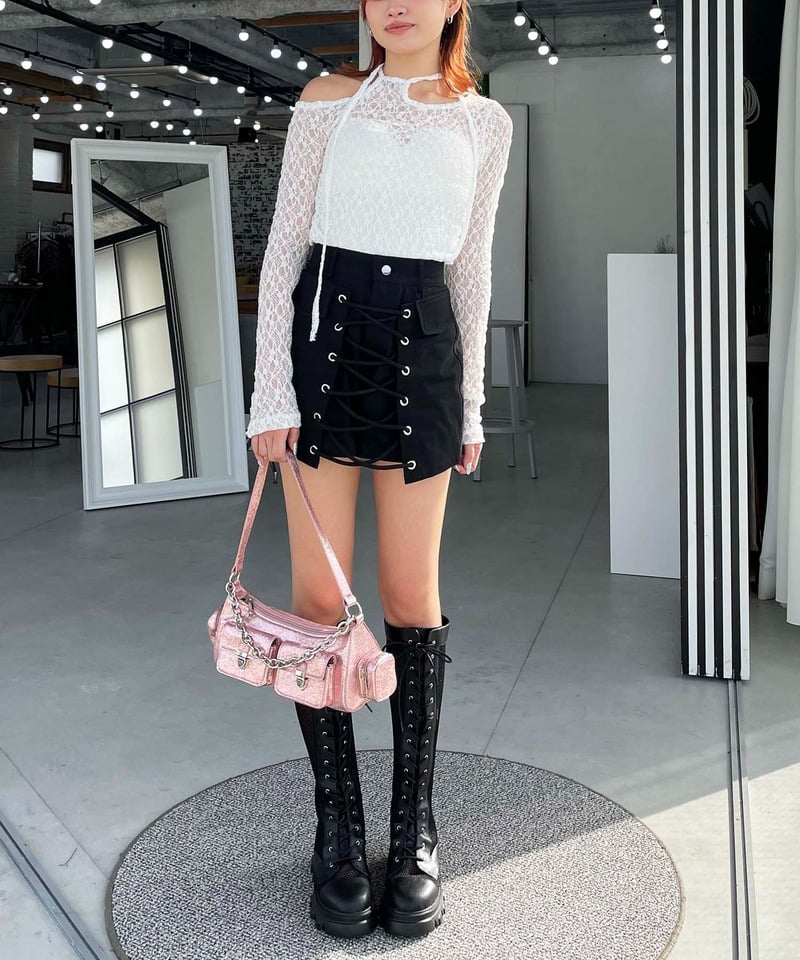 ラップ付きレースアップショートパンツ ブラック F