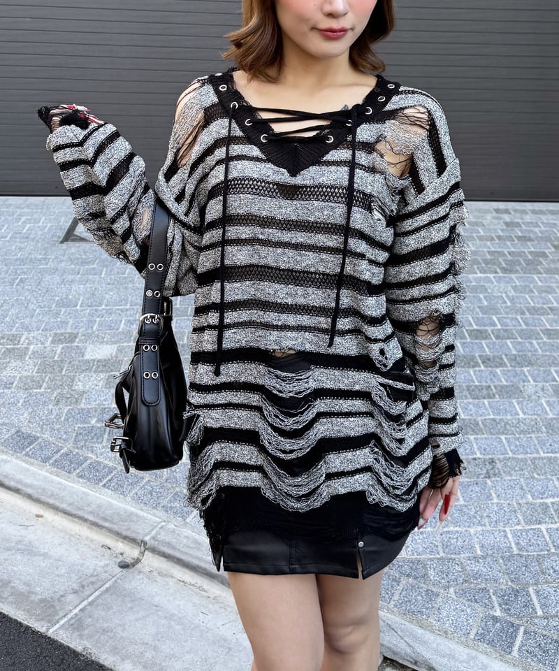 レースアップオーバーニット ボーダー F