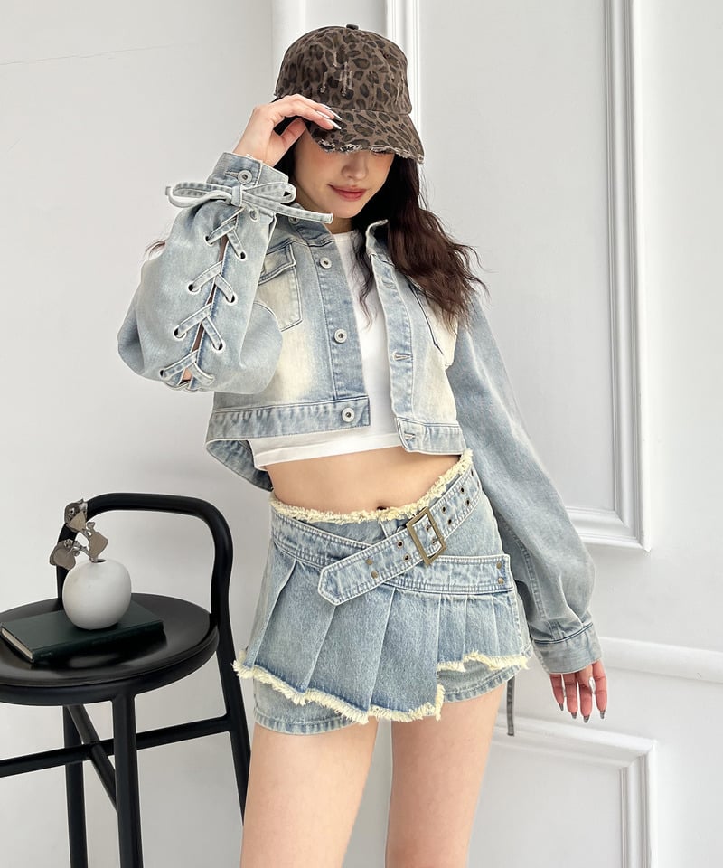 ベルトプリーツデザインショートパンツ デニムブルー S