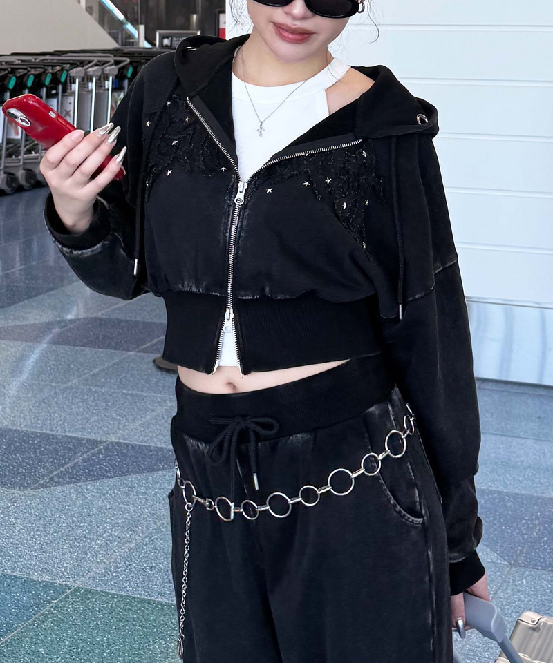 アイレットクラッシュロゴショートパーカー ブラック F