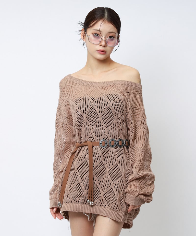 透かし編みベルト付きワンショルニット ブラウン F