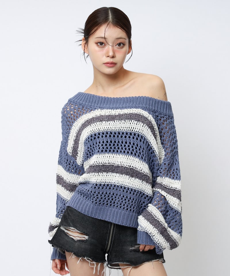 ボーダー透かし編みショートニット ブルー F