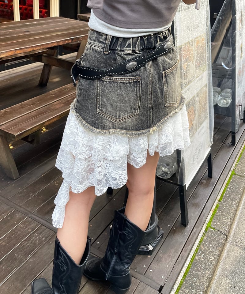 レースドッキングデニムスカート ブラックデニム F