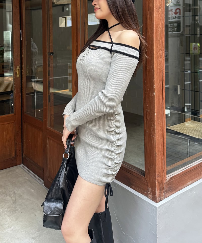 パイピングチョーカーリブワンピース ベージュ F