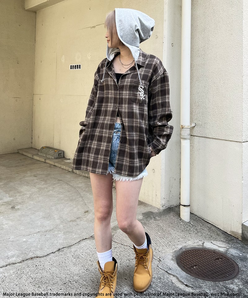 【MLB】チェックシャツフーディー ブラウン系 F