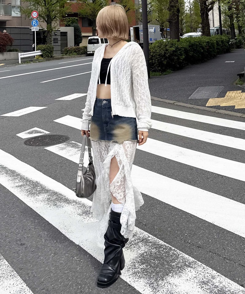 透かし編みダブルジップニットパーカー ホワイト F