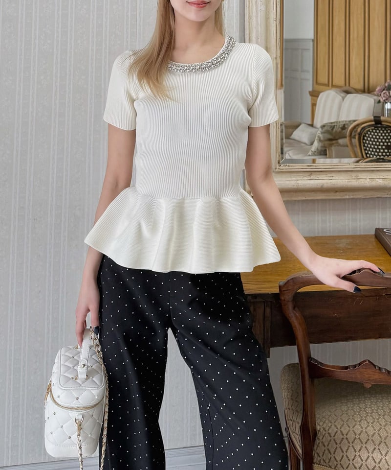 ネックビジューペプラムニットトップス ピンク F