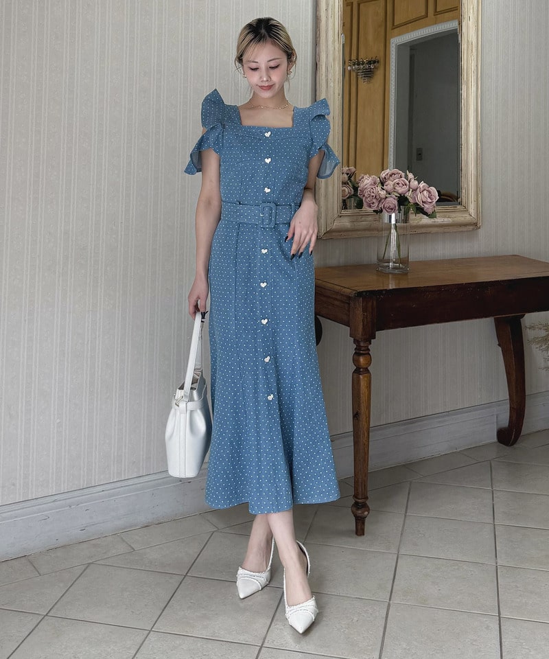 ハートボタンラッフルスリーブドットワンピース デニムブルー F