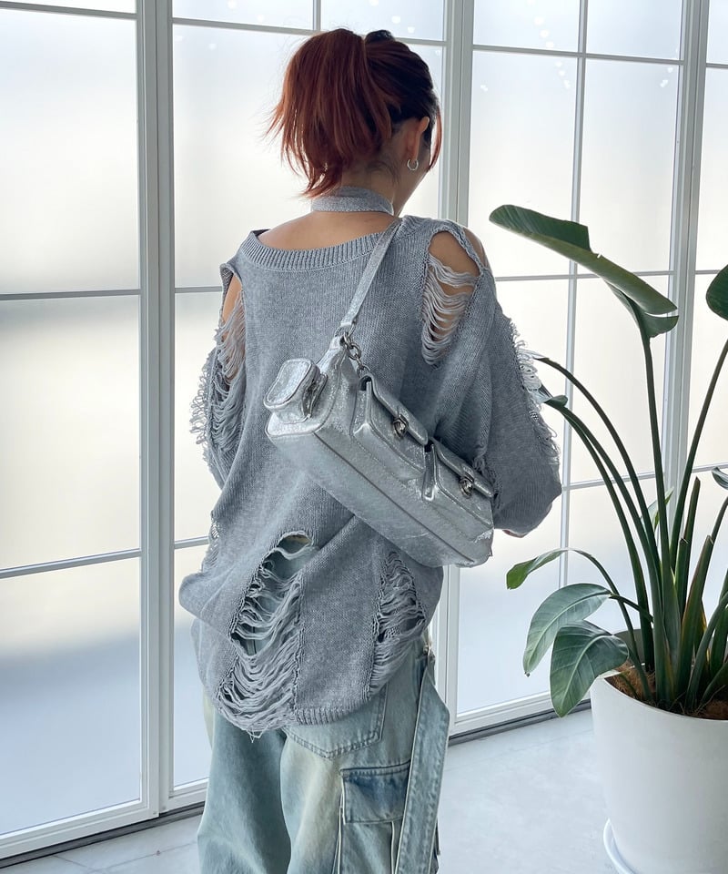 スカーフ付きダメージオーバーニット グレー F