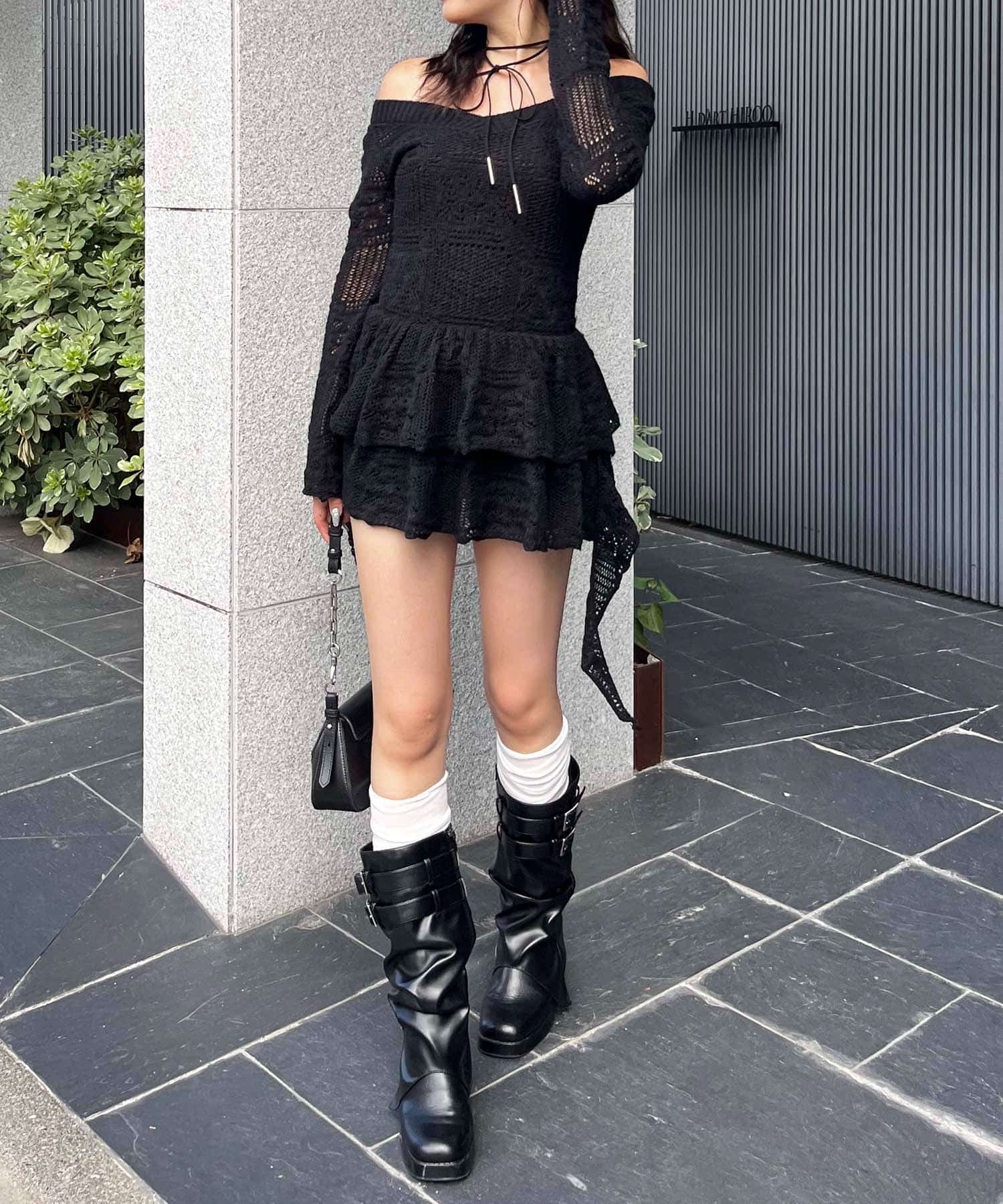 透かし編みティアードニットワンピース グレー F