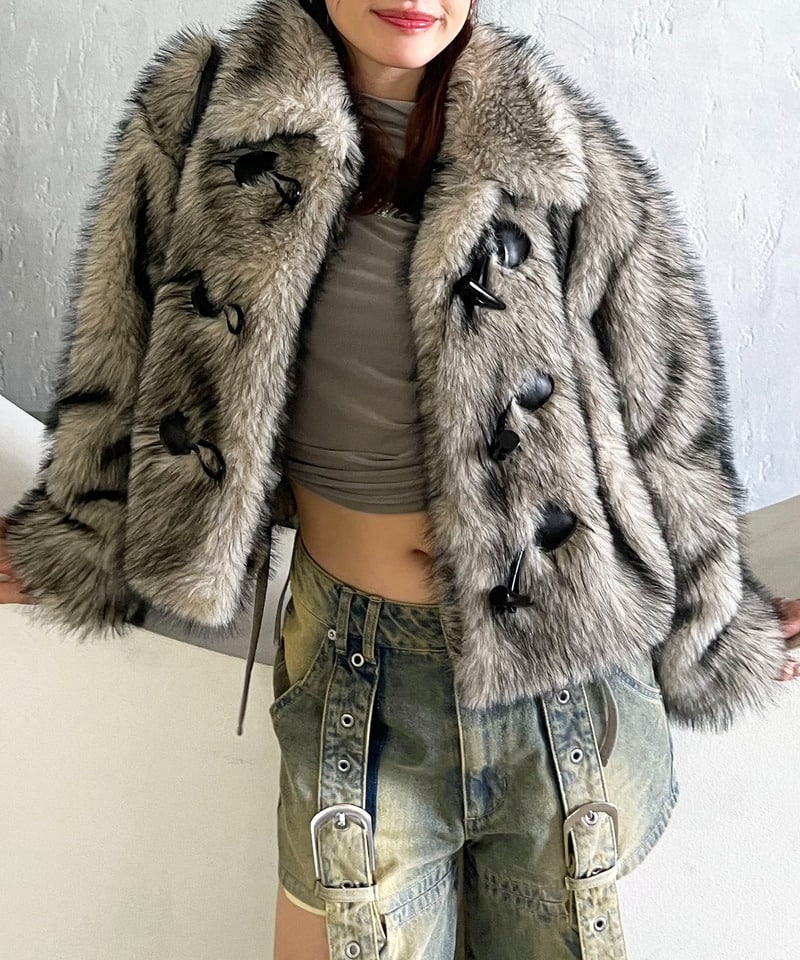 SHAGGIE グレー ファーコート フリーサイズ ファーダッフルショートコート(F グレー)｜ スパイラルガール