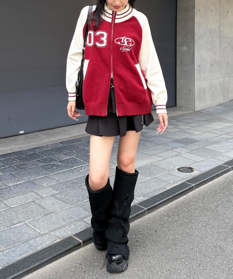 【iScreamコラボ】ナンバリングZIPニットカーディガン レッド F