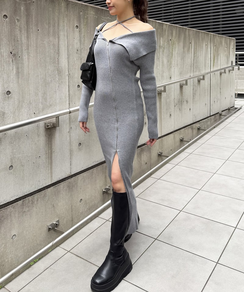 ビックカラーZIPロングワンピース ベージュ F