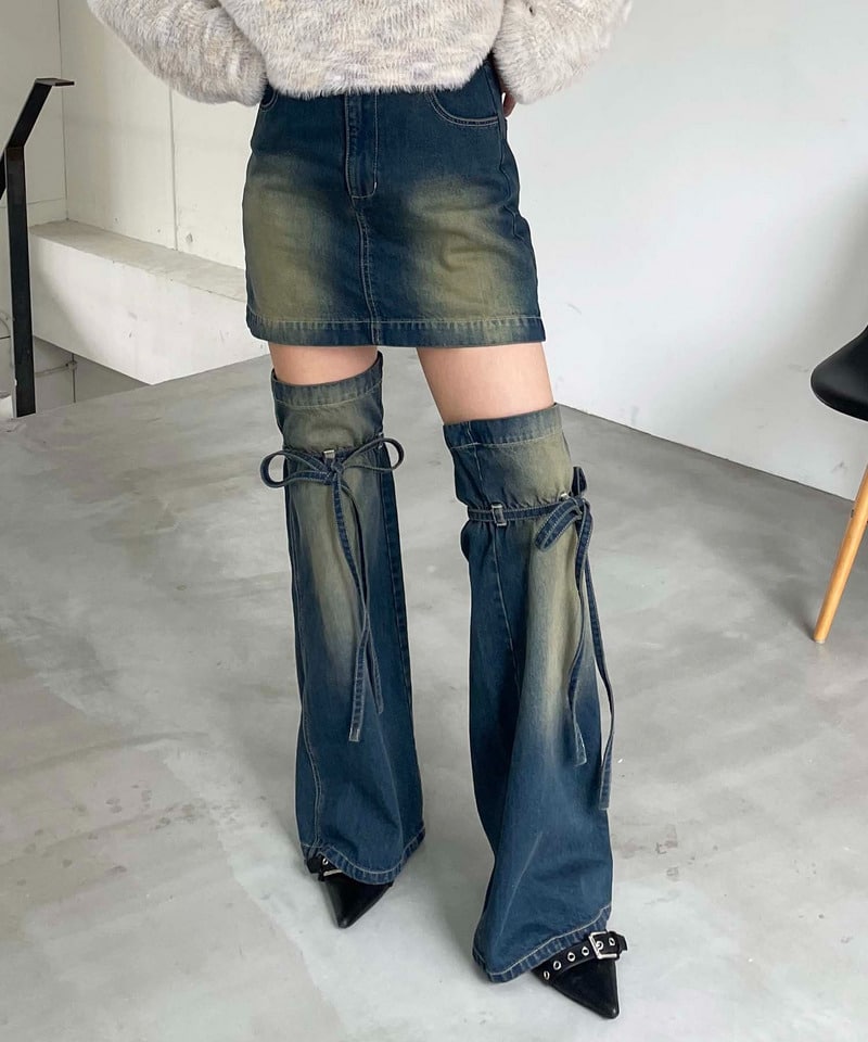 レッグウォーマー付きデニムミニスカート ブルー F