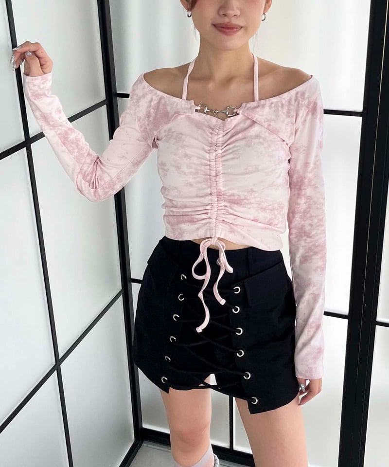 ラップ付きレースアップショートパンツ ブラック F