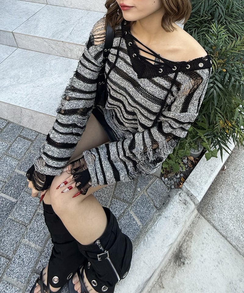 レースアップオーバーニット ボーダー F