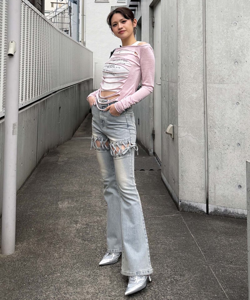 レースアップサイドカットフレアパンツ ブルー S