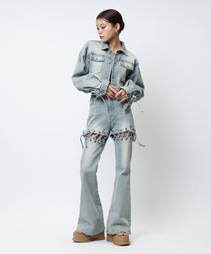 レースアップデニムショートジャケット デニムブルー F