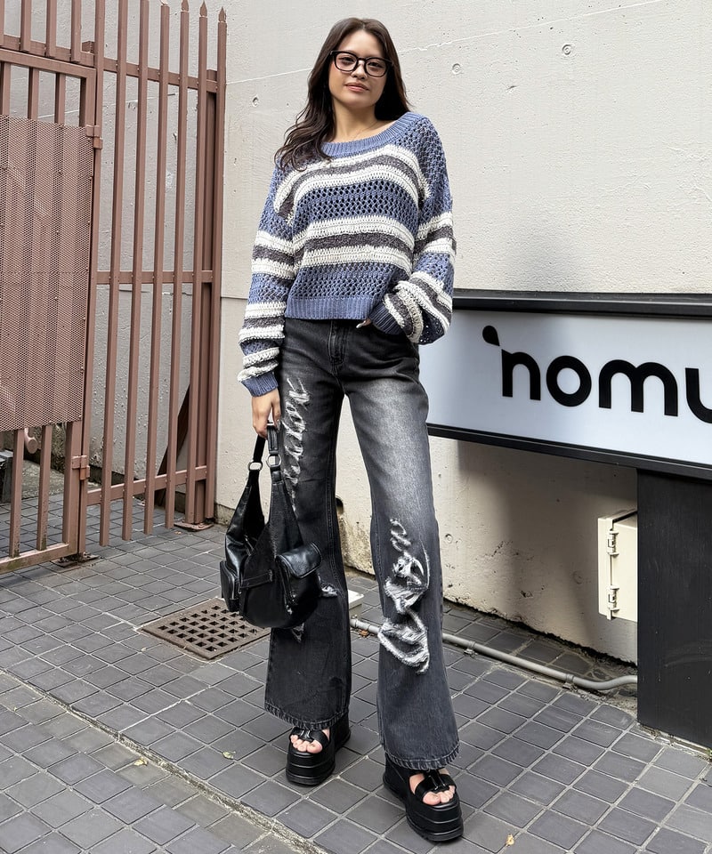 ボーダー透かし編みショートニット ブルー F