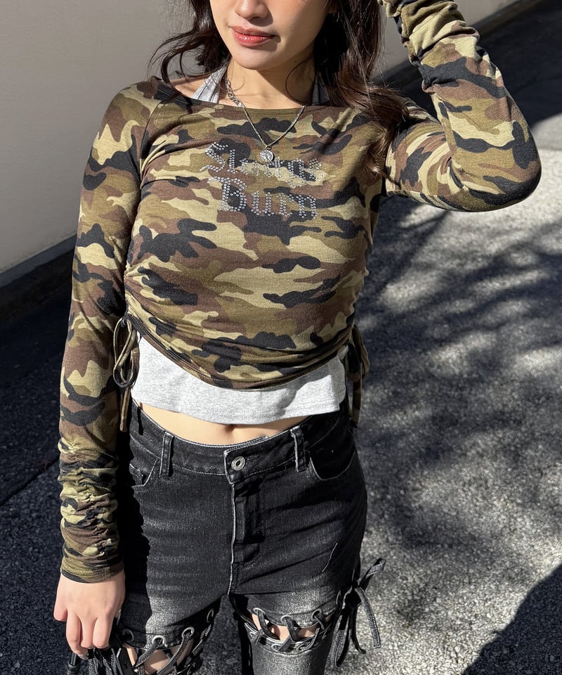 ラインストーンロゴアンサンブルトップス カーキ系 F