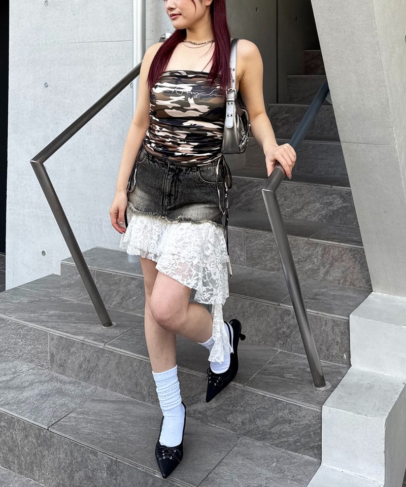 レースドッキングデニムスカート ブラックデニム F