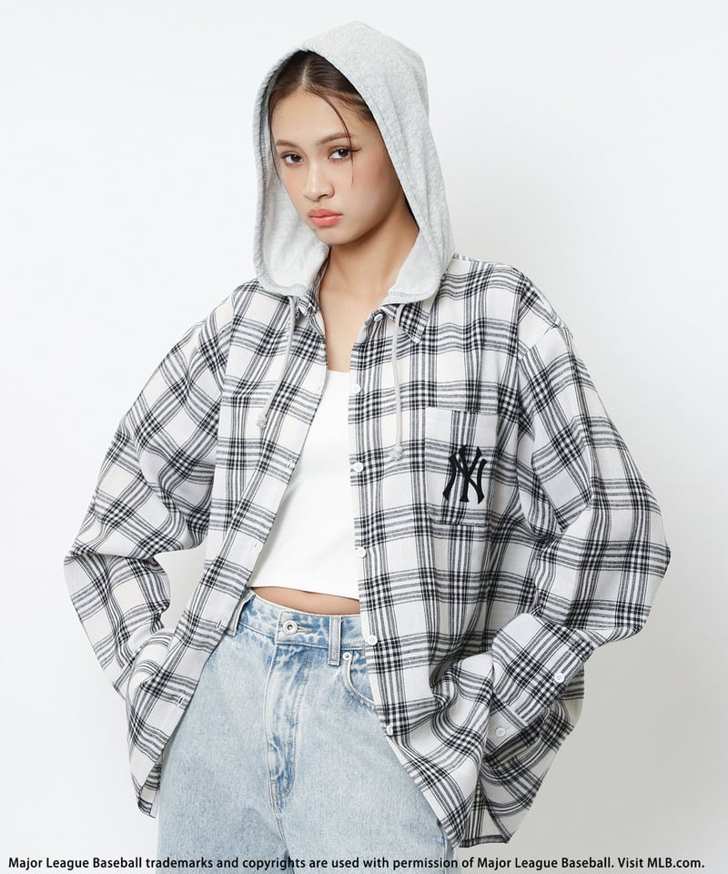 【MLB】チェックシャツフーディー ブラウン系 F
