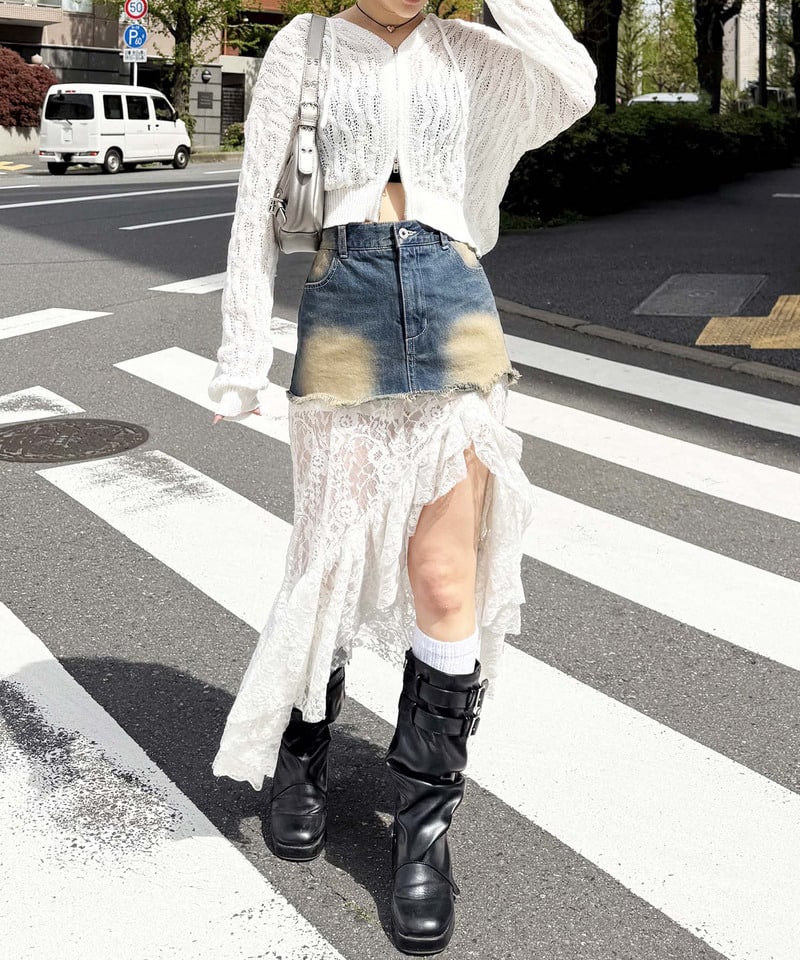 透かし編みダブルジップニットパーカー ホワイト F