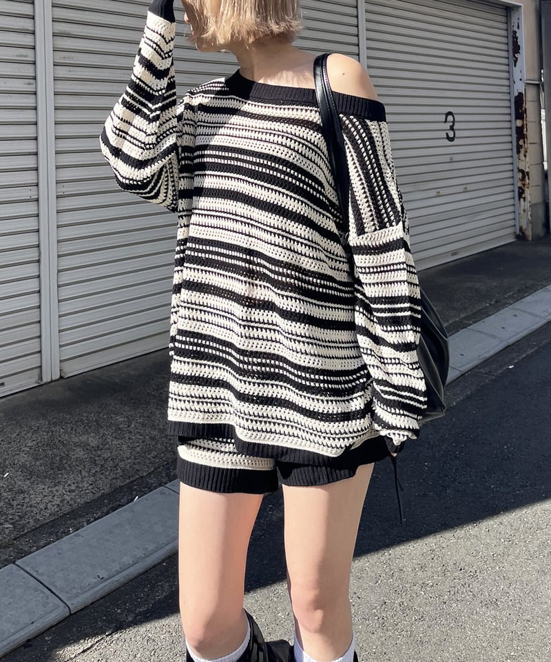 ボーダーオフショルトップス×ショートパンツ ボーダー F