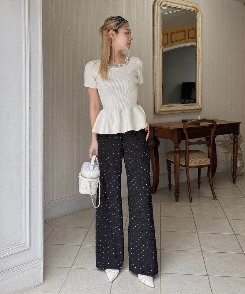 ネックビジューペプラムニットトップス ピンク F