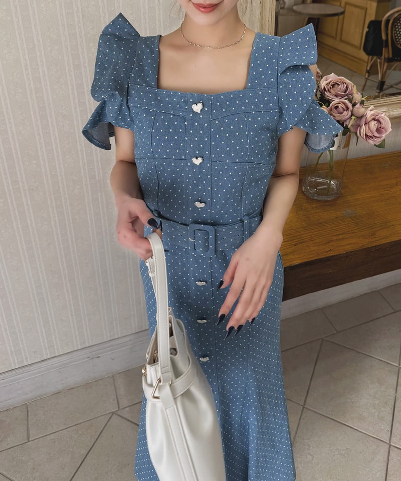 ハートボタンラッフルスリーブドットワンピース デニムブルー F