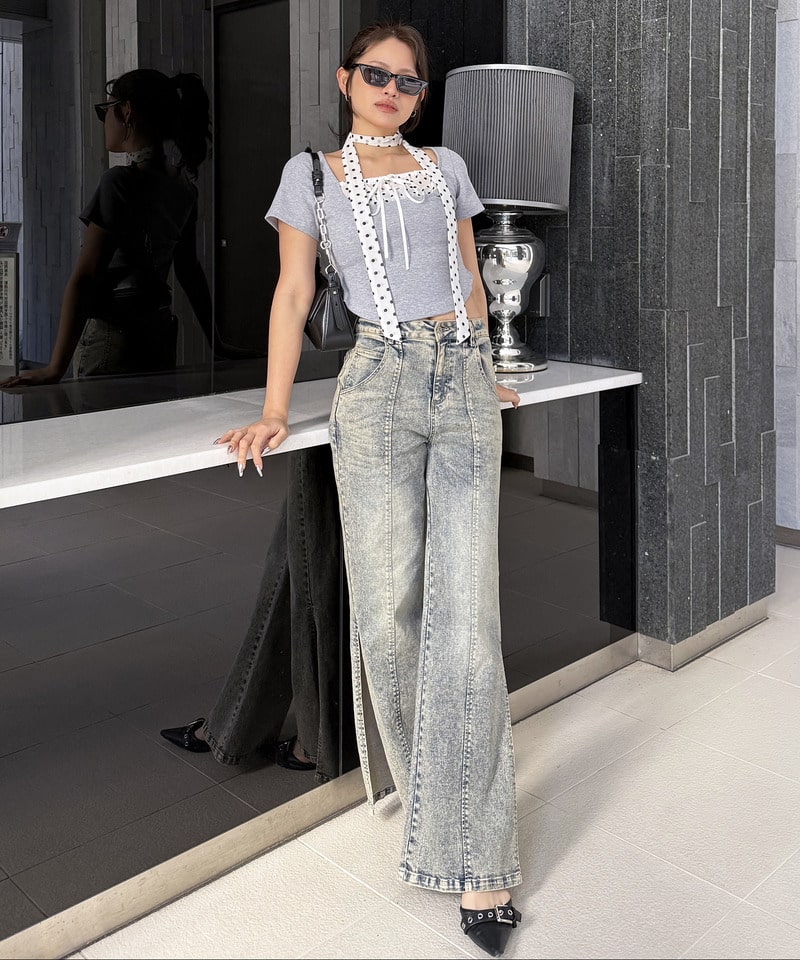 ドット柄チョーカーレイヤードトップス グレー F