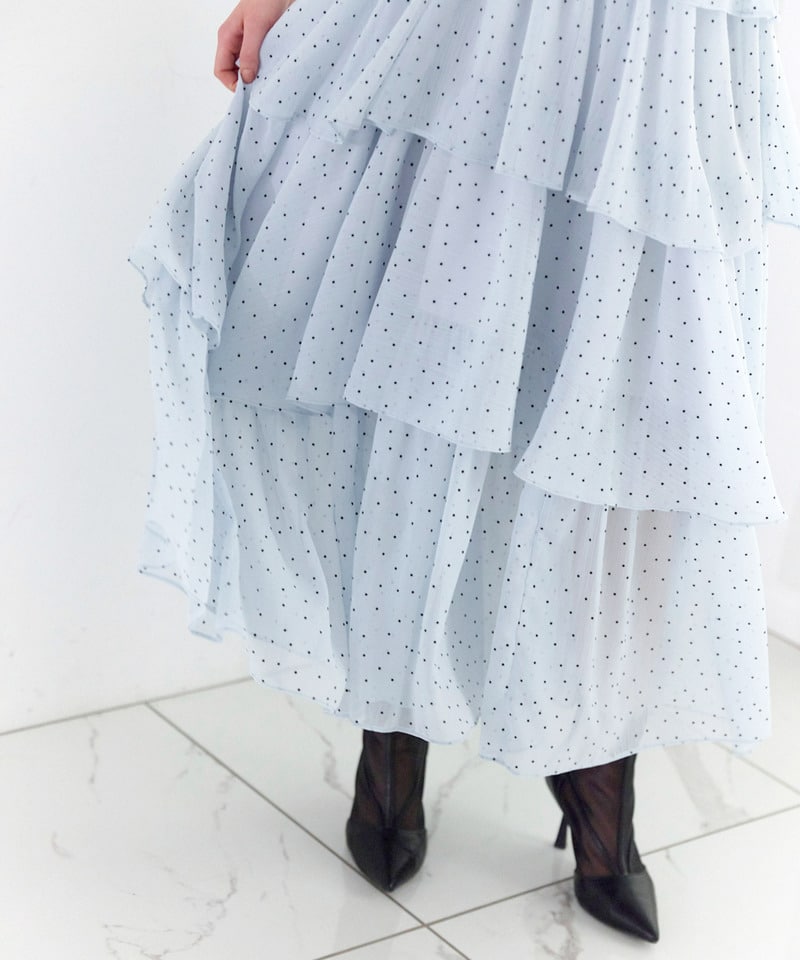 【丈が選べる】肩リボンドットティアードフレアワンピース ブルー F