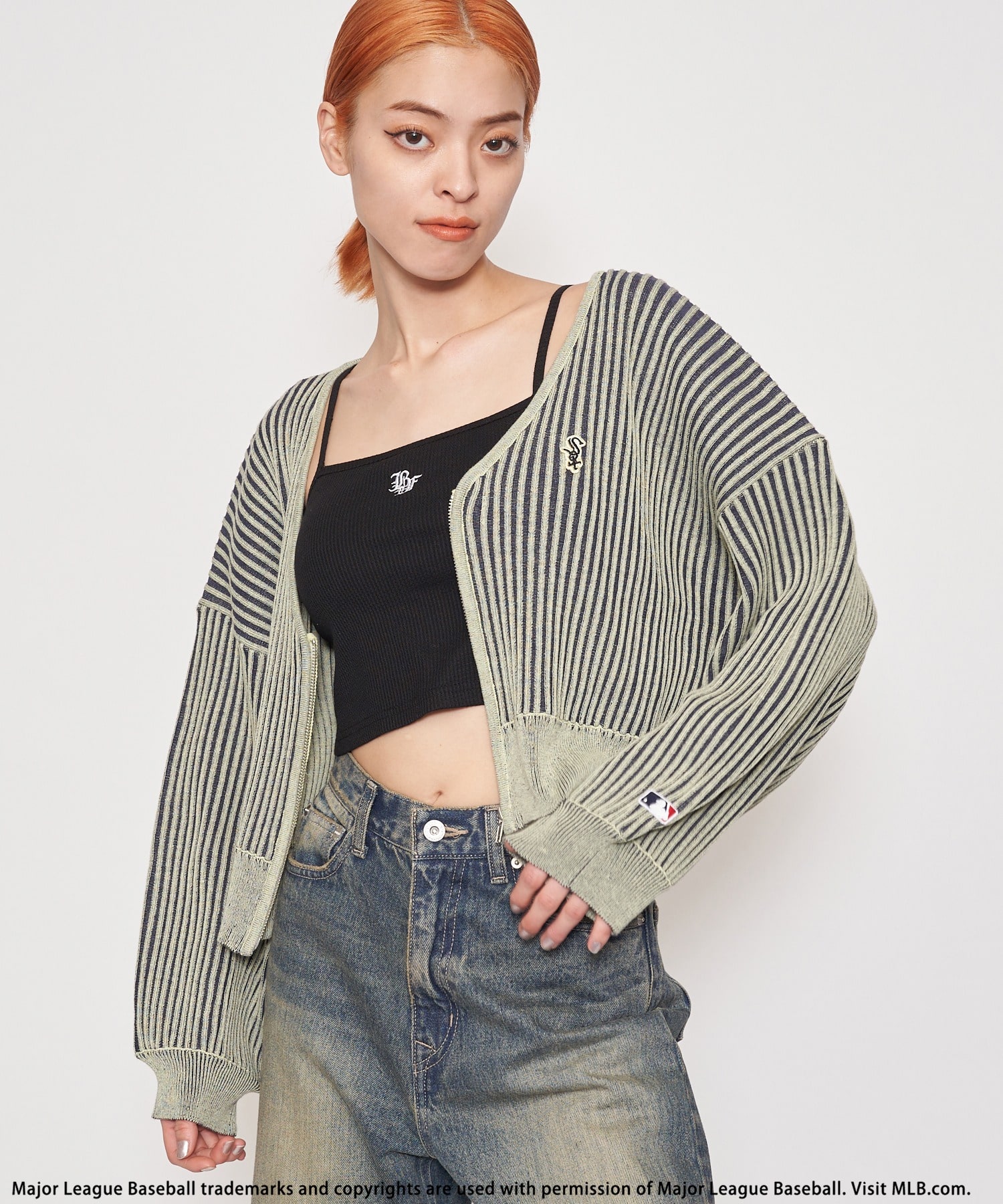 【MLB】ワッペンロゴZIPカーディガン イエロー F