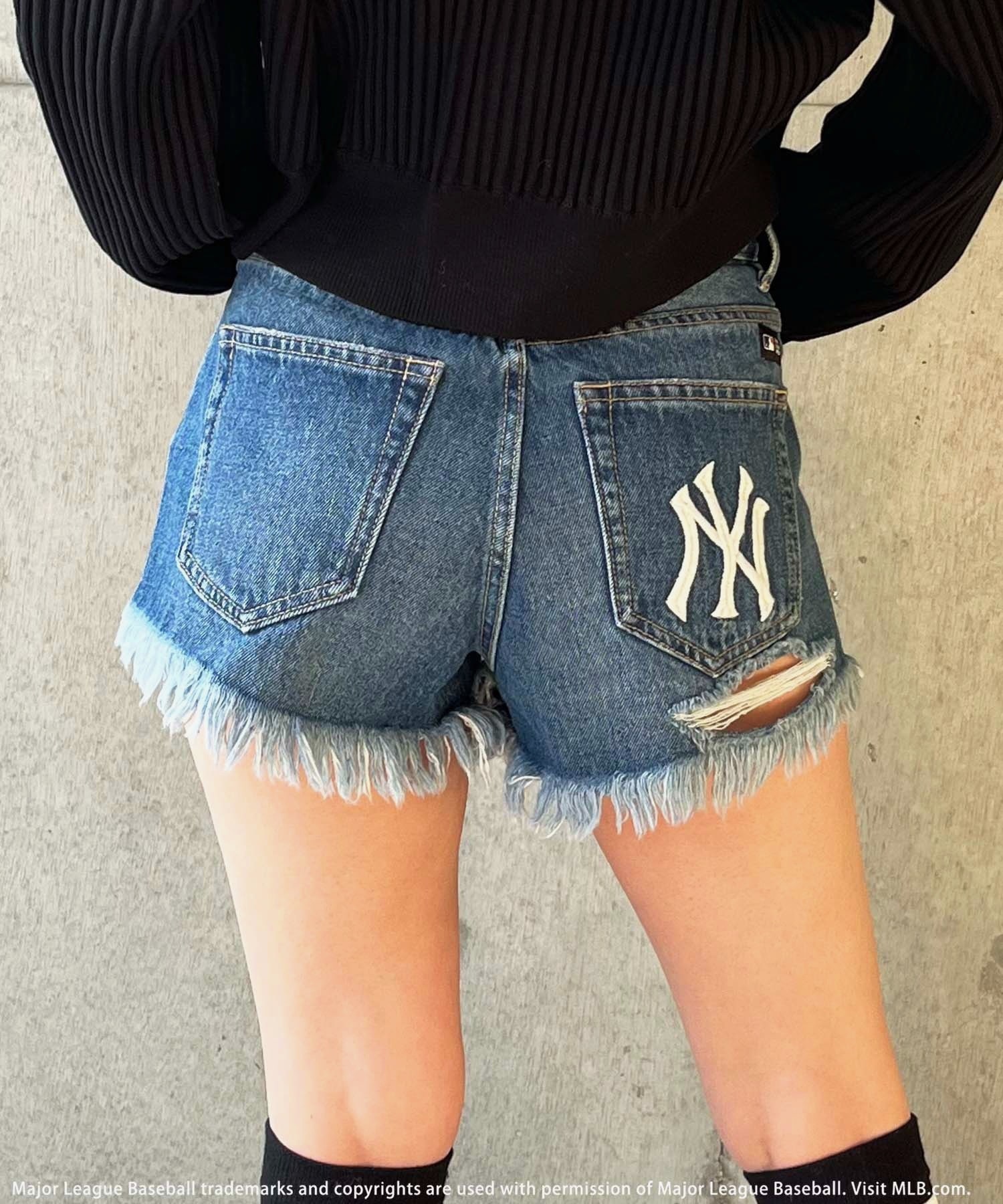 【MLB】ダメージデニムショートパンツ ブルー M