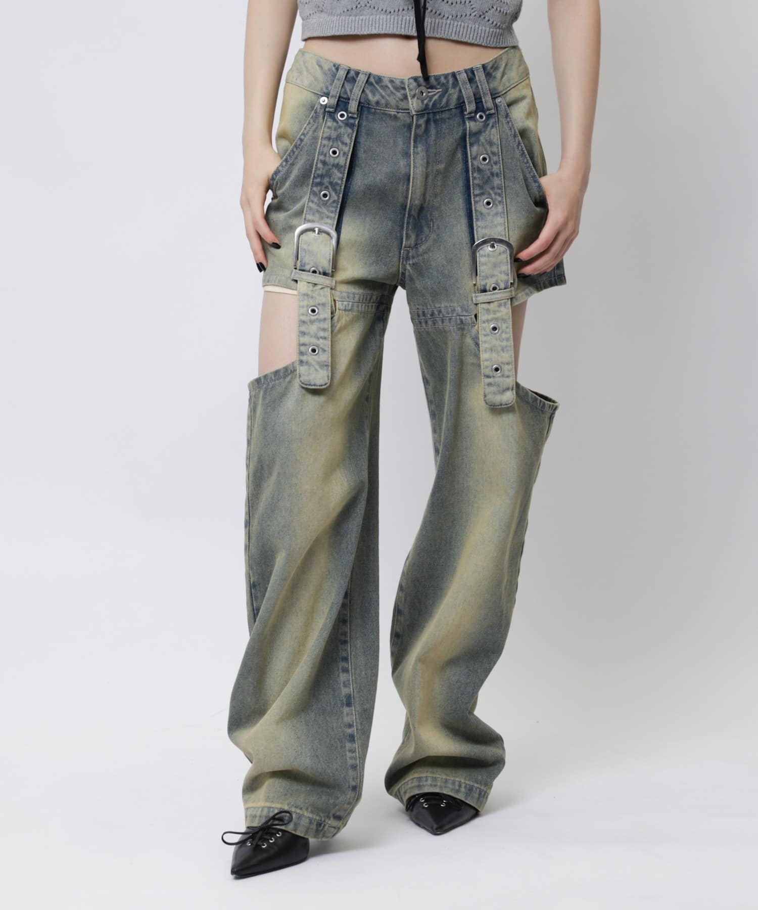  ベルトデザインサイドカットデニム ブルー M