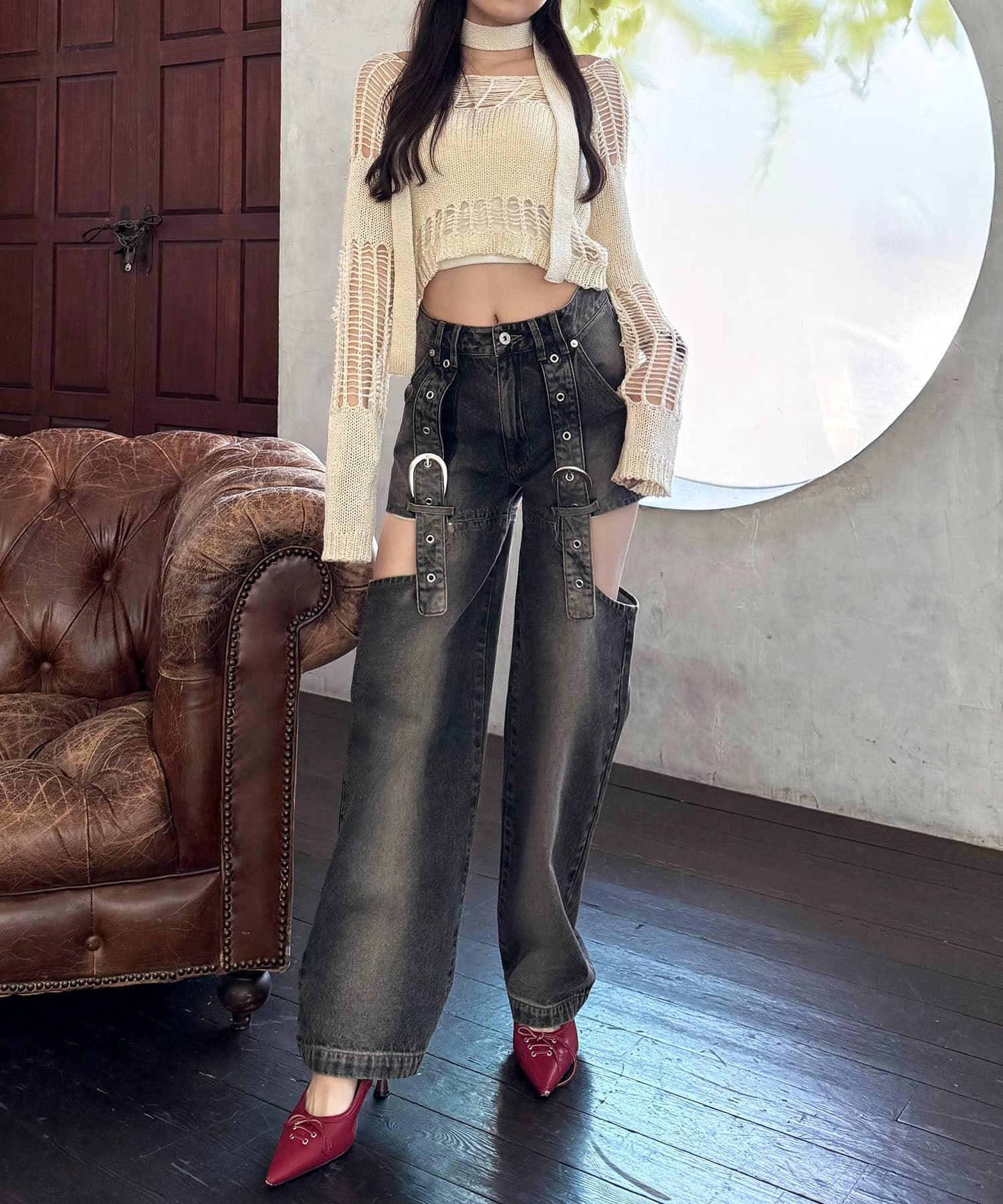 ベルトデザインサイドカットデニム ブラック S