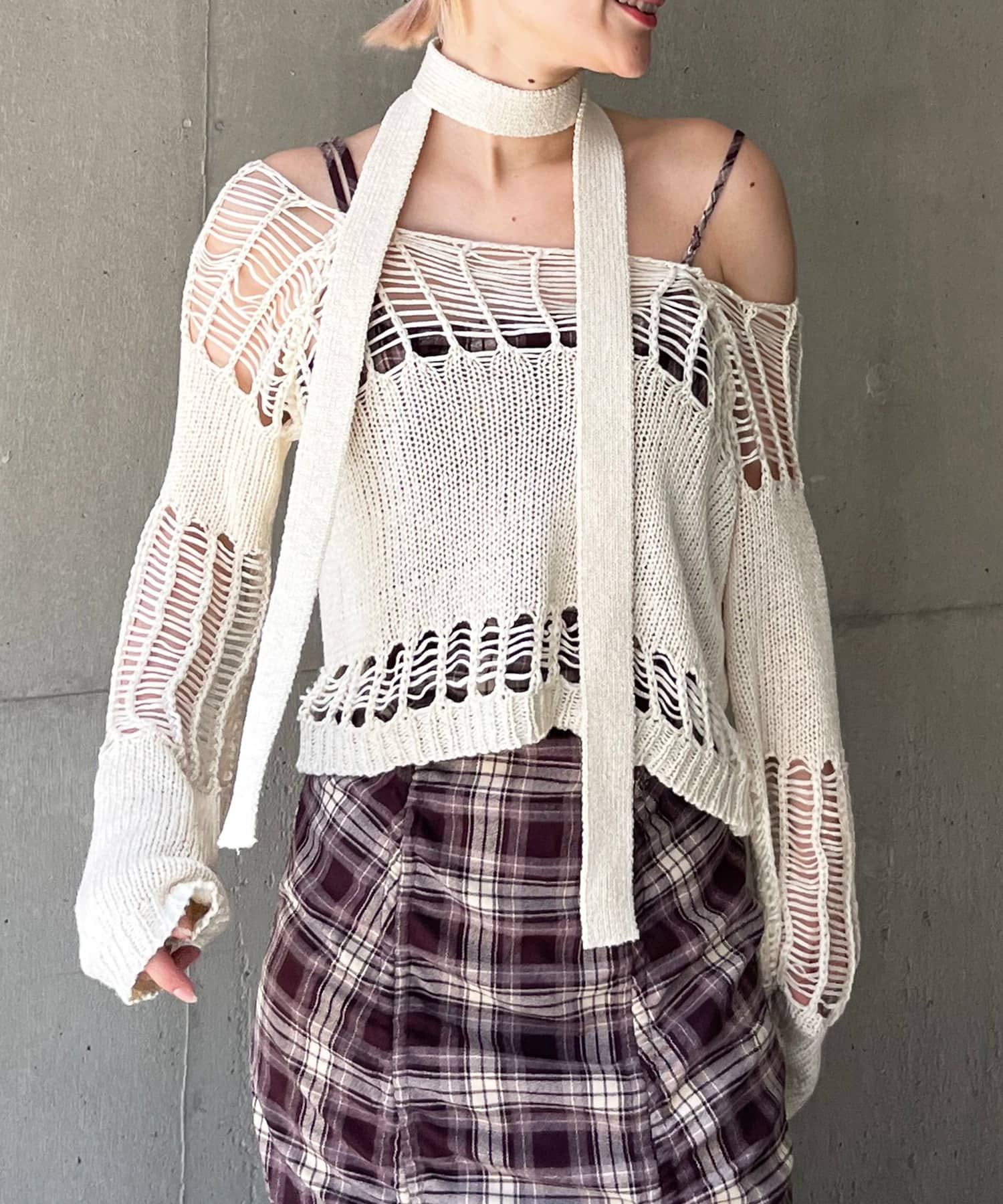 ストール付きかぎ編みショートトップス ホワイト F