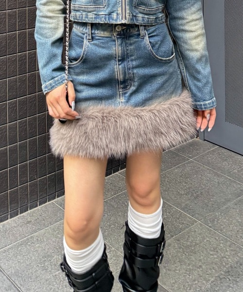 ファーデニムスカート ブルー F