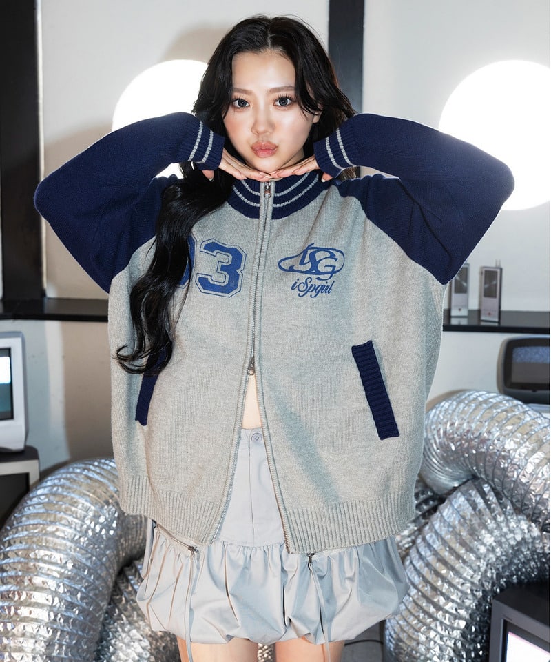 【iScreamコラボ】ナンバリングZIPニットカーディガン グレー F