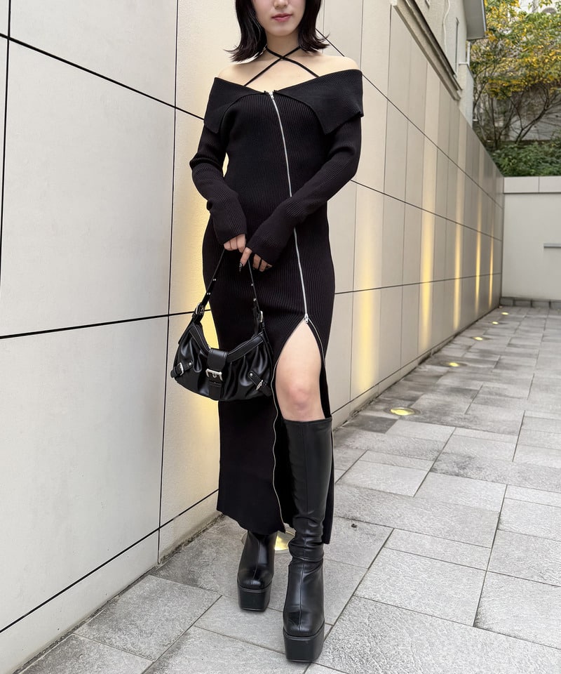 ビックカラーZIPロングワンピース ブラック F