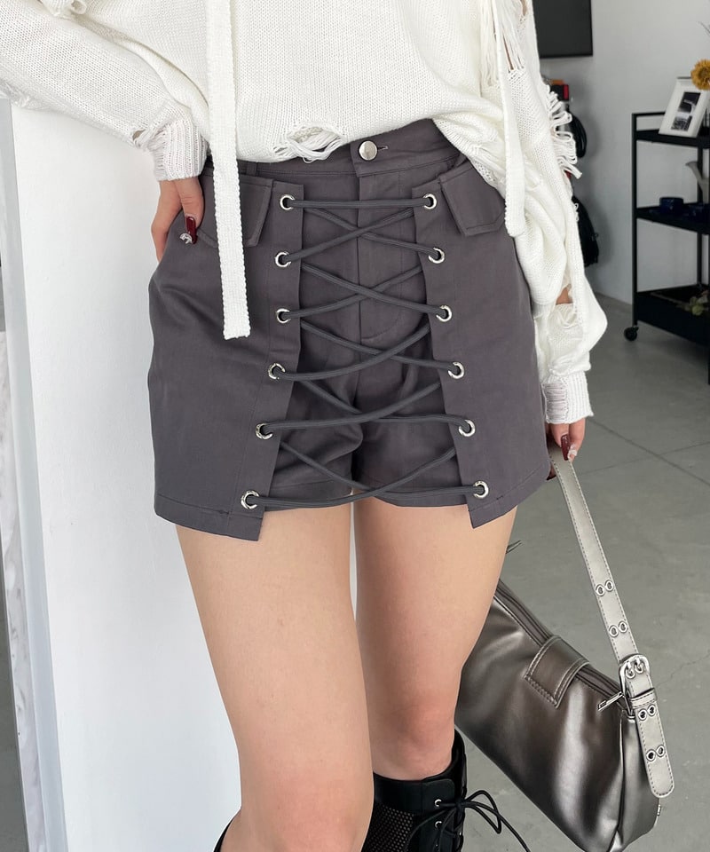 ラップ付きレースアップショートパンツ グレー F