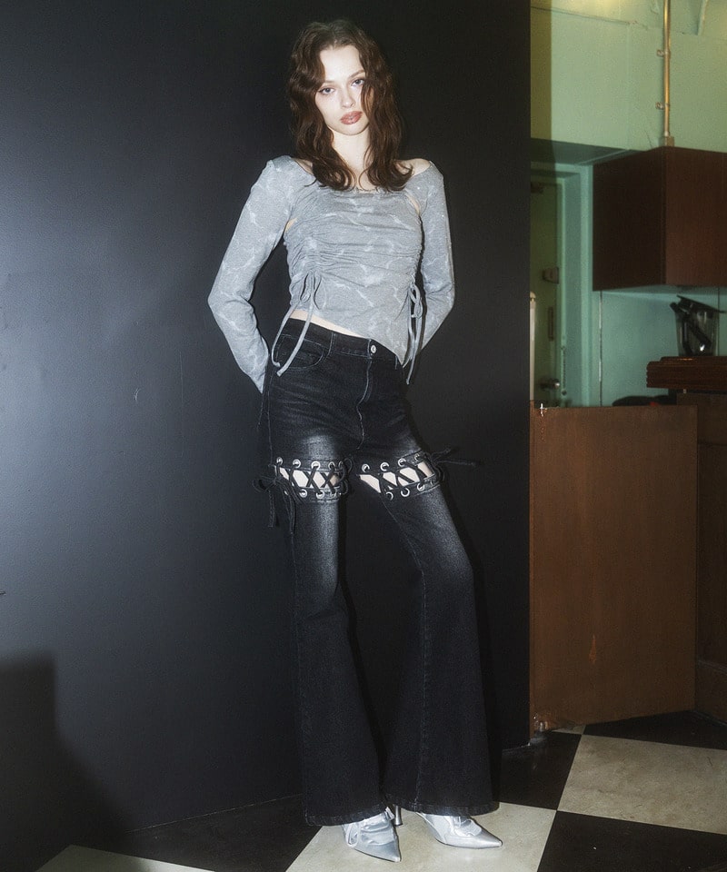 レースアップサイドカットフレアパンツ ブラック M