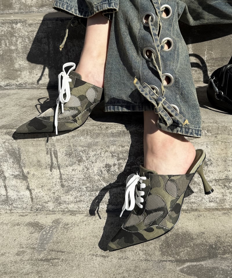 ポインテッドスニーカーミュール カーキ系 M