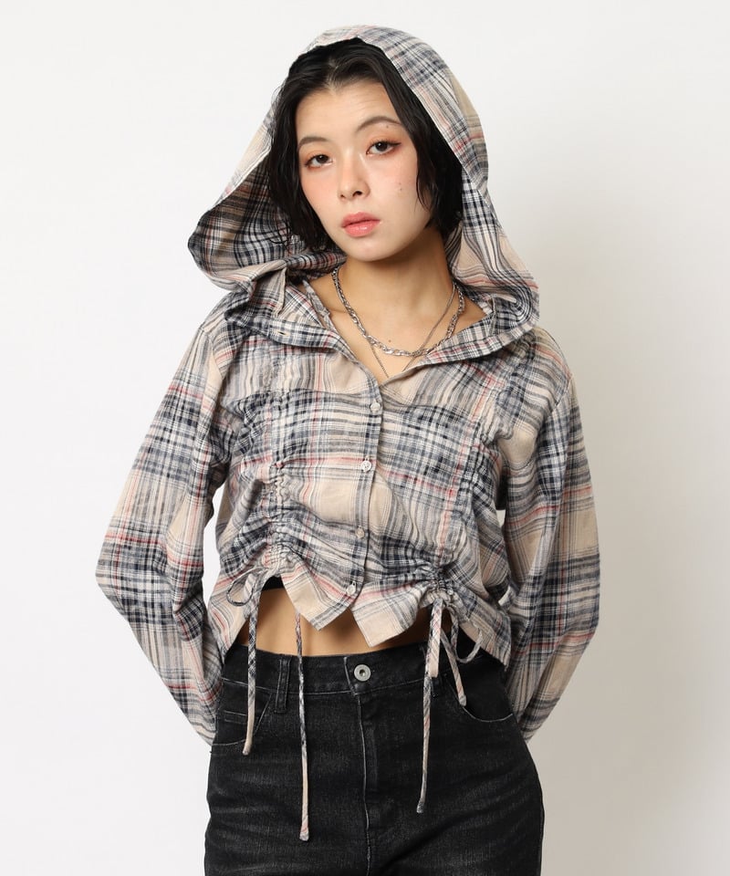フード付きチェックトップス ベージュ F