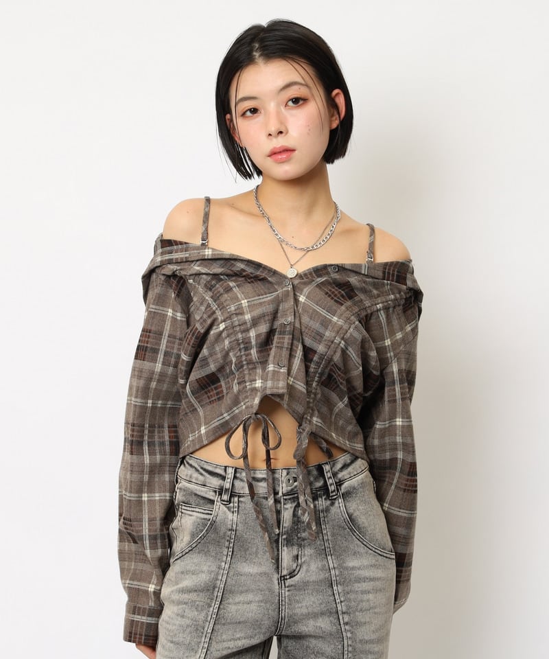 フード付きチェックトップス ブラウン F
