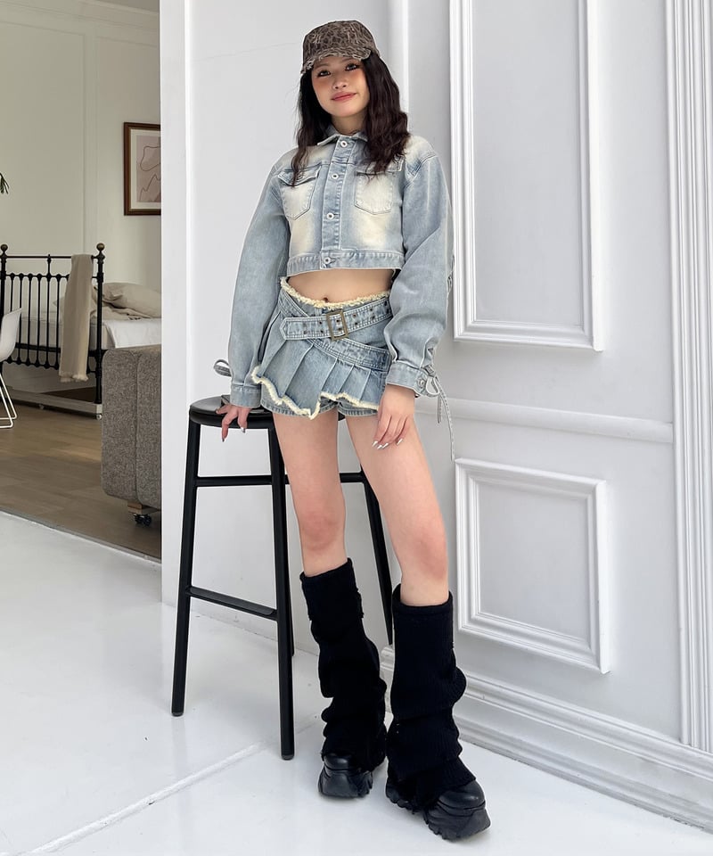 ベルトプリーツデザインショートパンツ デニムブルー S